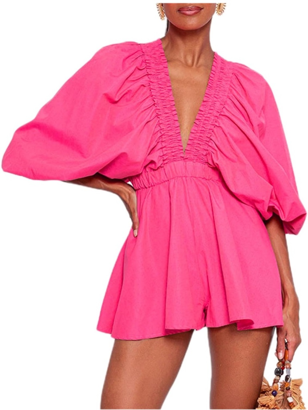 Vibrant Hot Pink Puff-Sleeve Romper